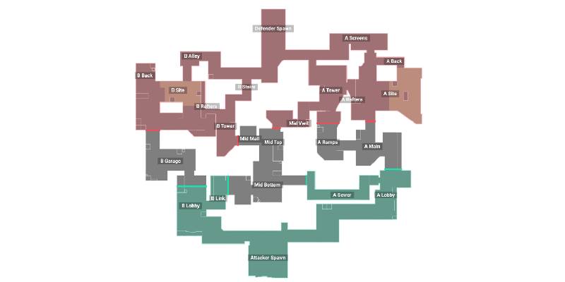 Overhead view of a tactical FPS map showing chokepoints and rotation paths